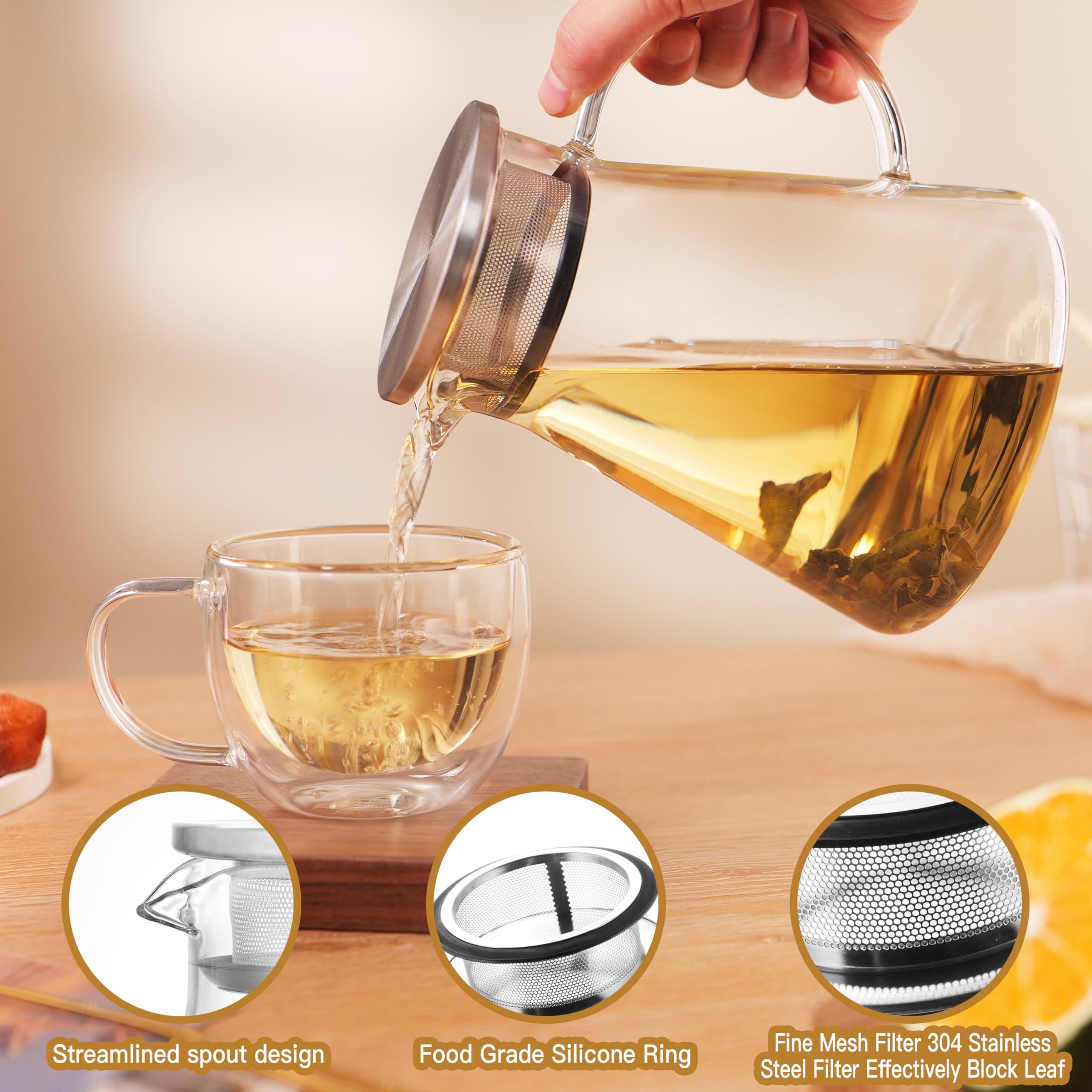 CNGLASS Tetera de vidrio 1200 ml, tapa de acero inoxidable, vertido estable sin goteos.