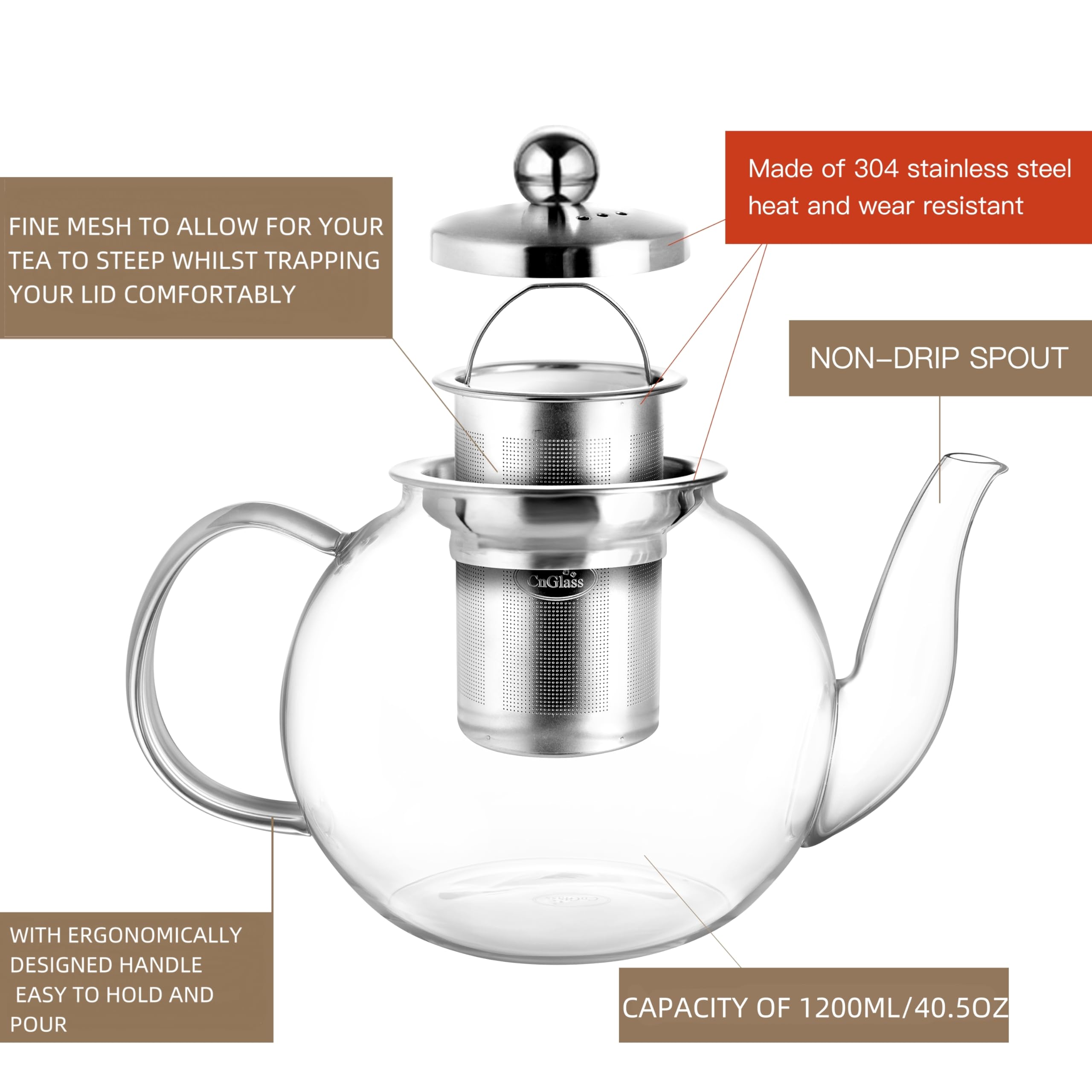 CNGLASS tetera de vidrio borosilicato resistente al calor ideal para hervir.