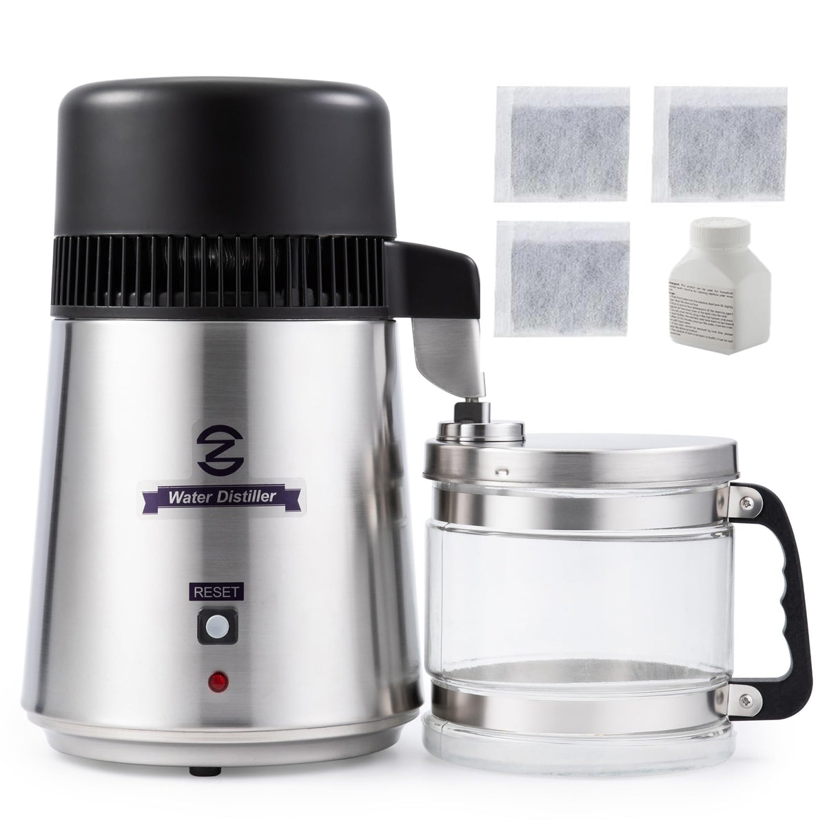 CO-Z destilador de agua con acabado cepillado, ideal para agua purificada en casa.