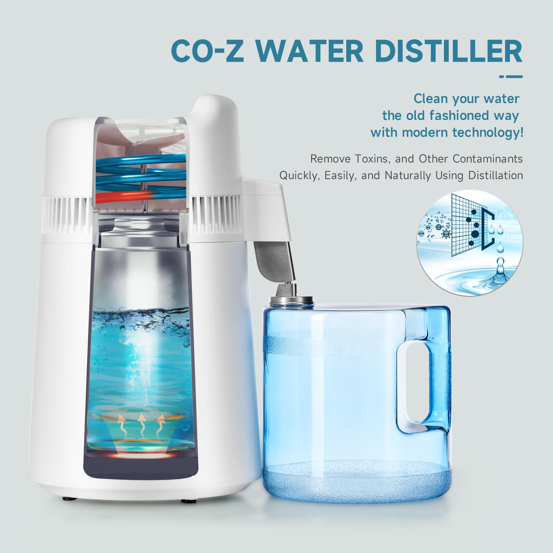 CO-Z destilador con calentador de 900 W en acción