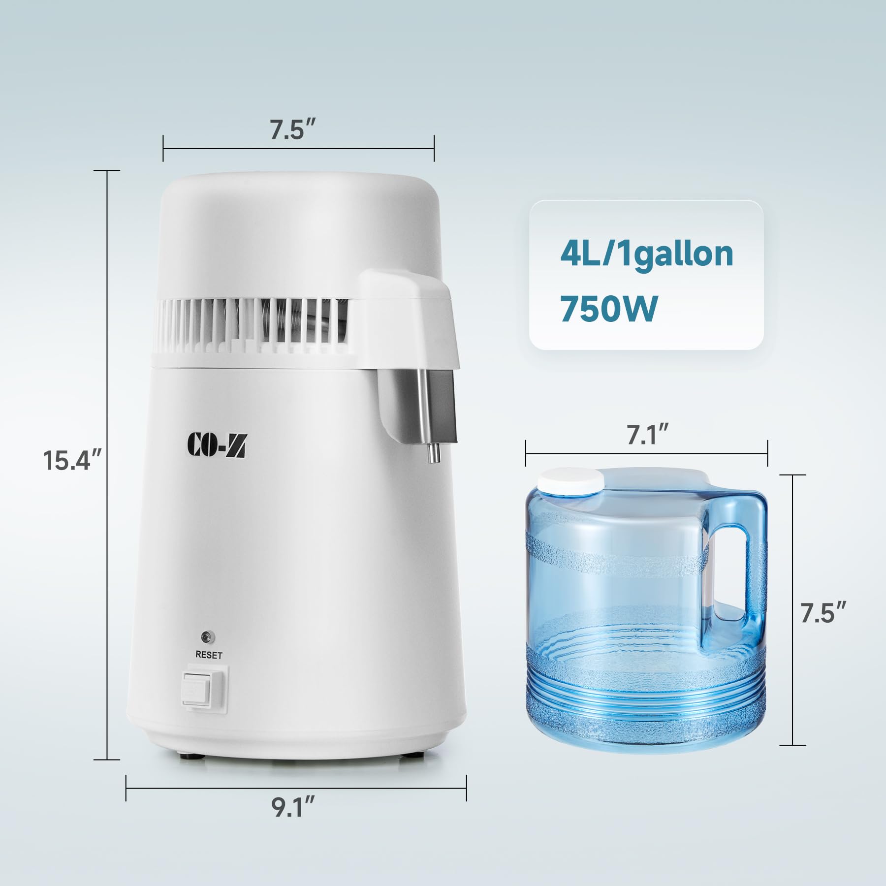 CO-Z destilador con interior de acero inoxidable para mayor durabilidad.