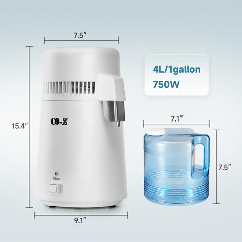 CO-Z destilador con interior de acero inoxidable para mayor durabilidad.