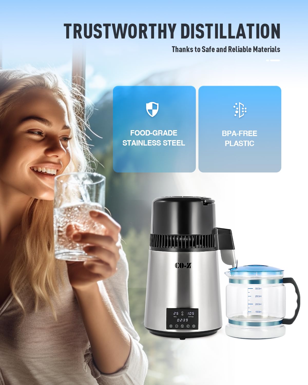 CO-Z destiladora con recipiente de vidrio borosilicato para agua purificada en casa.