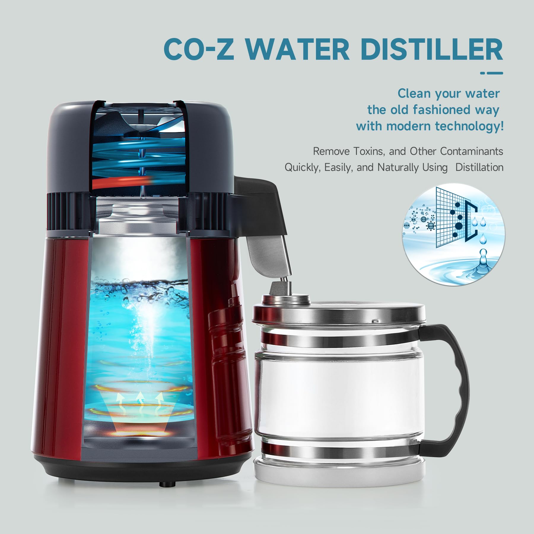 CO-Z distilador de agua, interior de acero inoxidable 304 para durabilidad