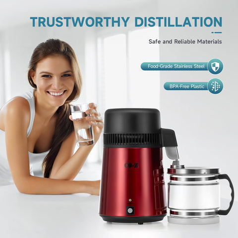 CO-Z distilador de agua, tapa y controles visibles para uso sencillo