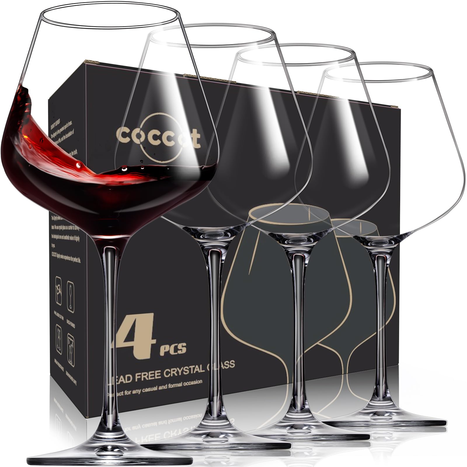 Coccot copa de vino tinto borgoña en primer plano, cristal claro y elegante