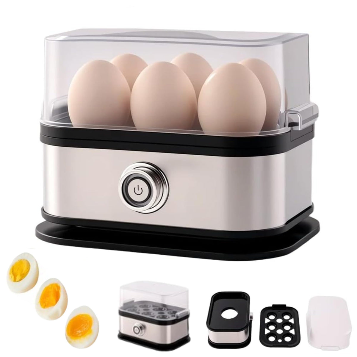 Cocedor de huevos inteligente, capacidad para seis huevos, ideal para desayunos rápidos.