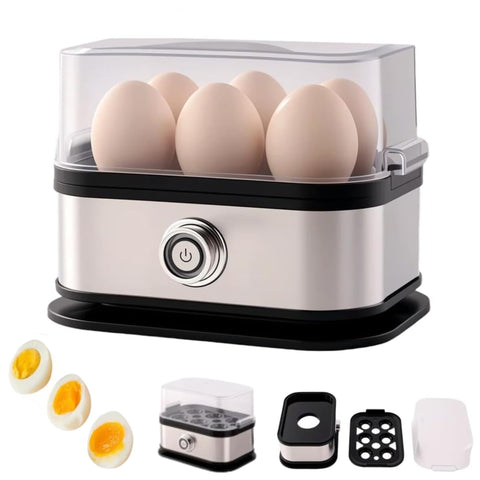 Cocedor de huevos inteligente, capacidad para seis huevos, ideal para desayunos rápidos.