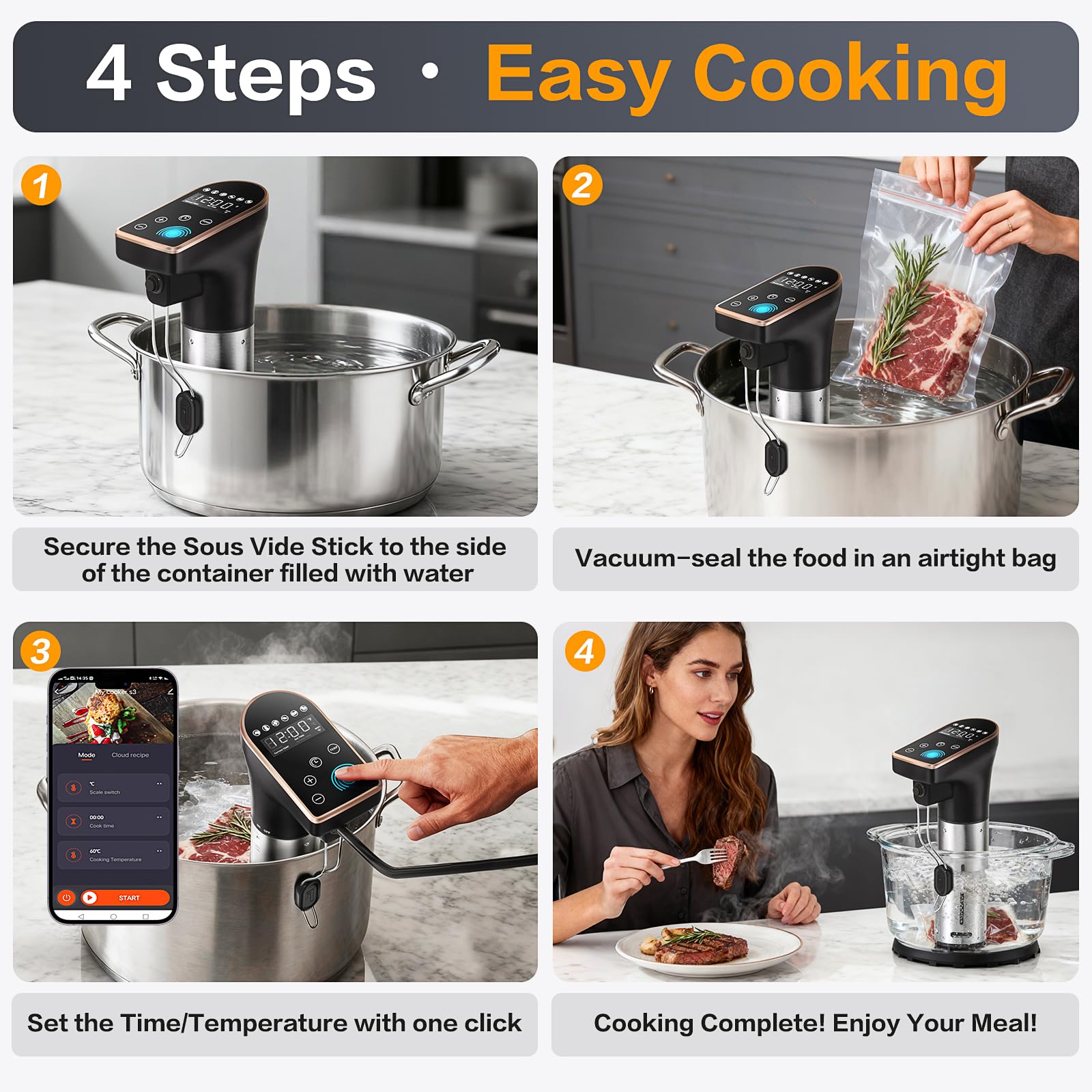 cocedor-sous-vide-1300w 6 presets para comidas rápidas y fiables