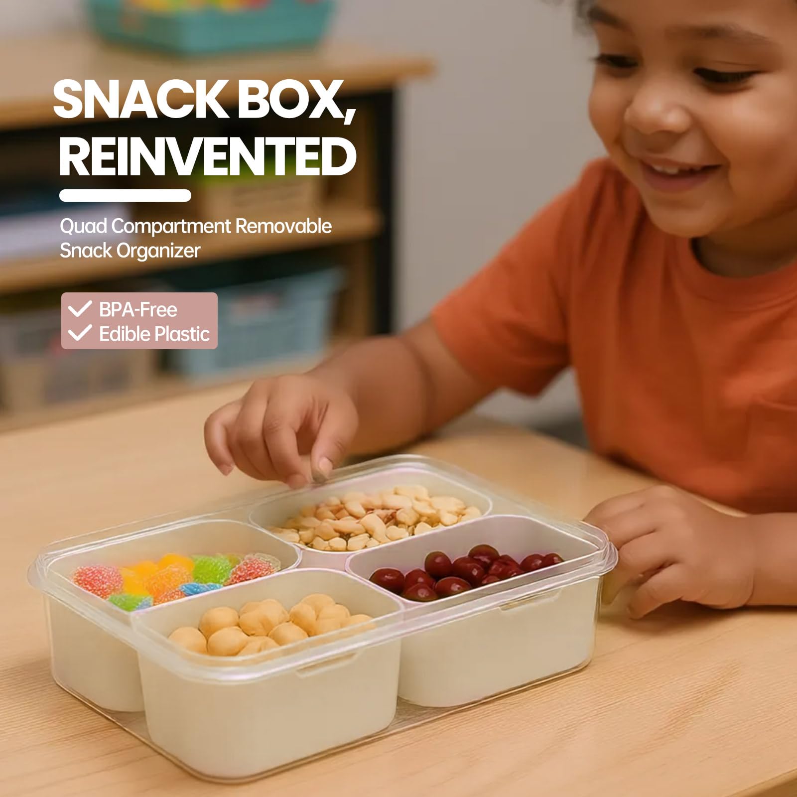 Caja Snackle CODIEKEY con 4 compartimentos para clasificar frutas y snacks