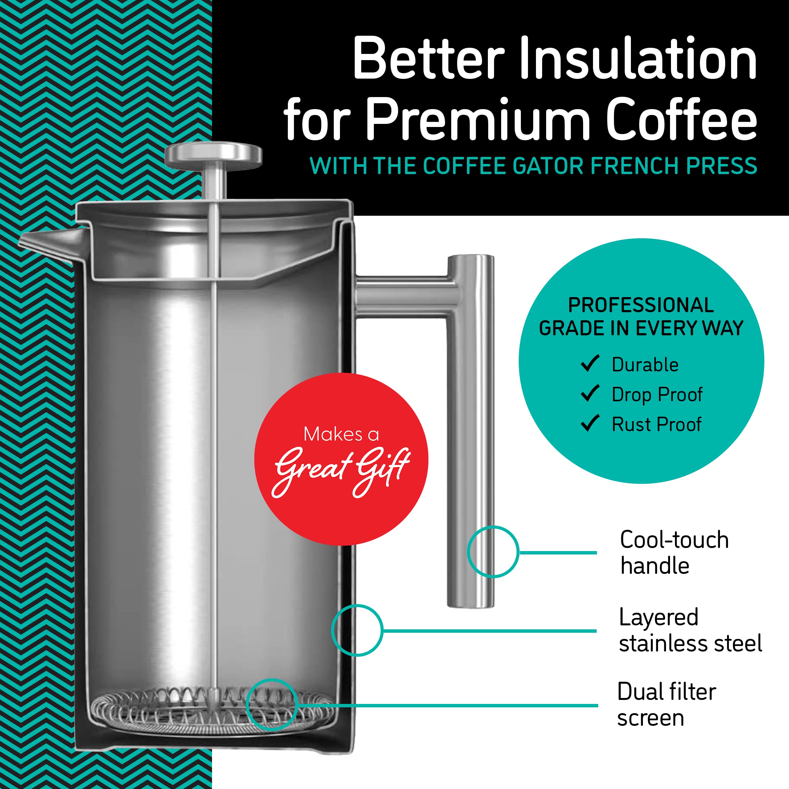Coffee Gator-aislamiento-doble-acero-inoxidable, mantiene la bebida caliente por más tiempo.