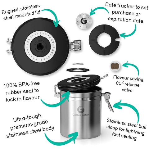 Coffee Gator canister, diseño en acero inoxidable, duradero para la cocina.
