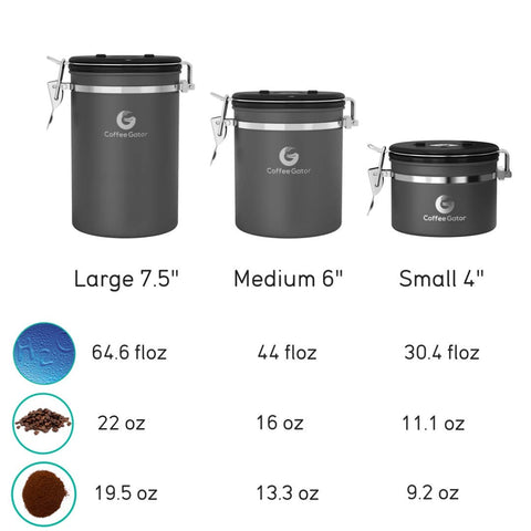 Coffee Gator canister, cuchara medidora incluida para porciones precisas.