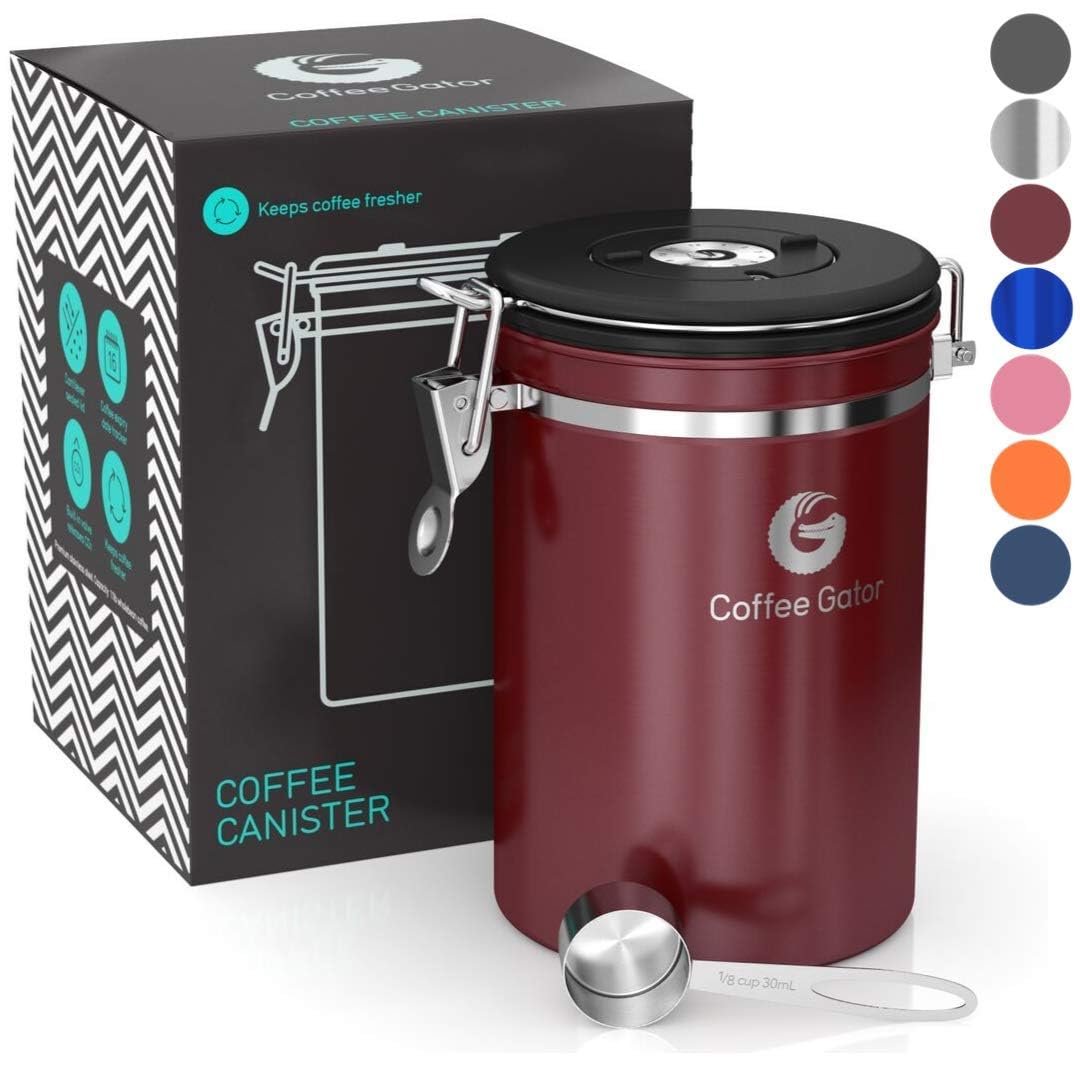 Coffee Gator canister, frente rojo, ayuda a conservar el café fresco y aromático.
