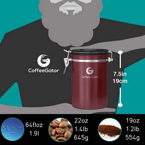 Coffee Gator canister, tapa con sello hermético, mantiene sabores protegidos.