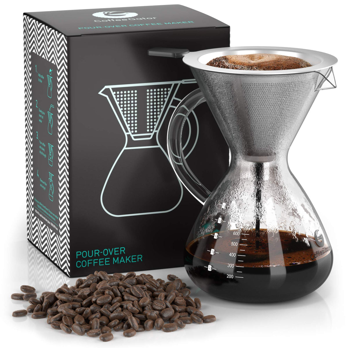 Coffee Gator colador para vertido sobre realza sabores y permite extracción uniforme.