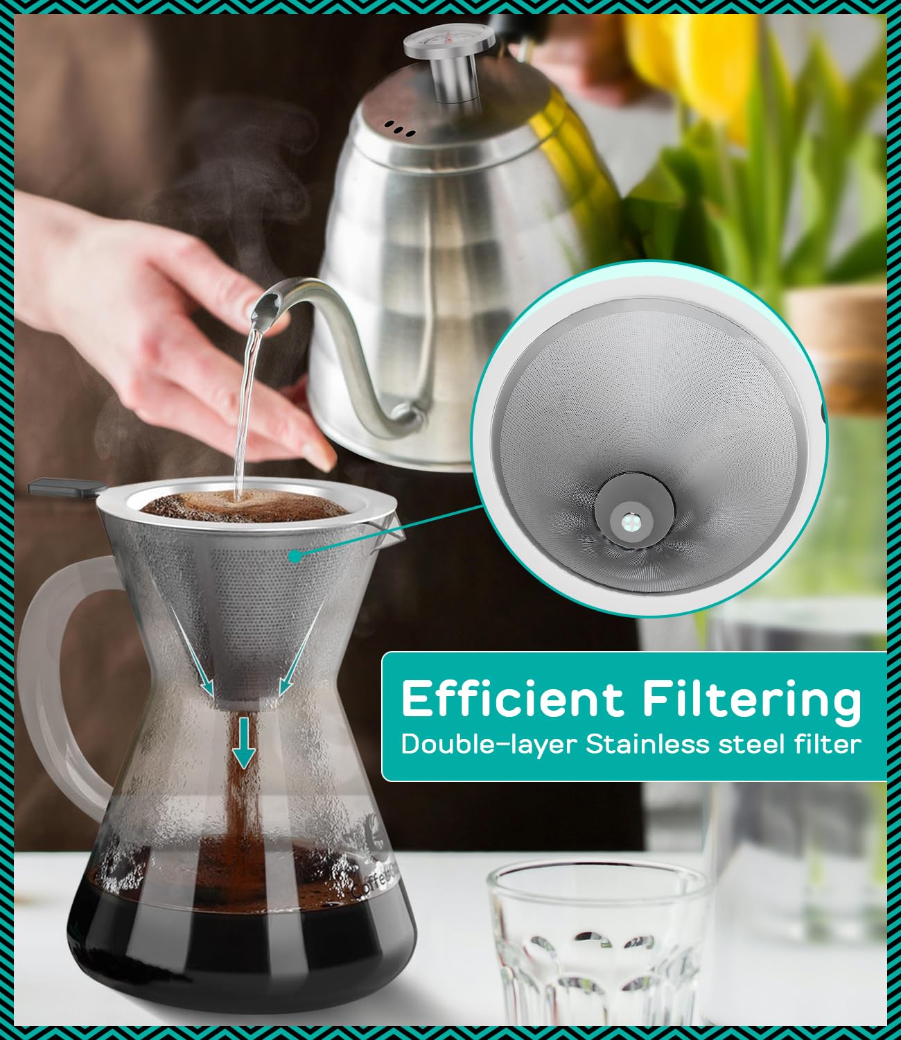 Jarra de cristal de Coffee Gator, alta resistencia para verter con control