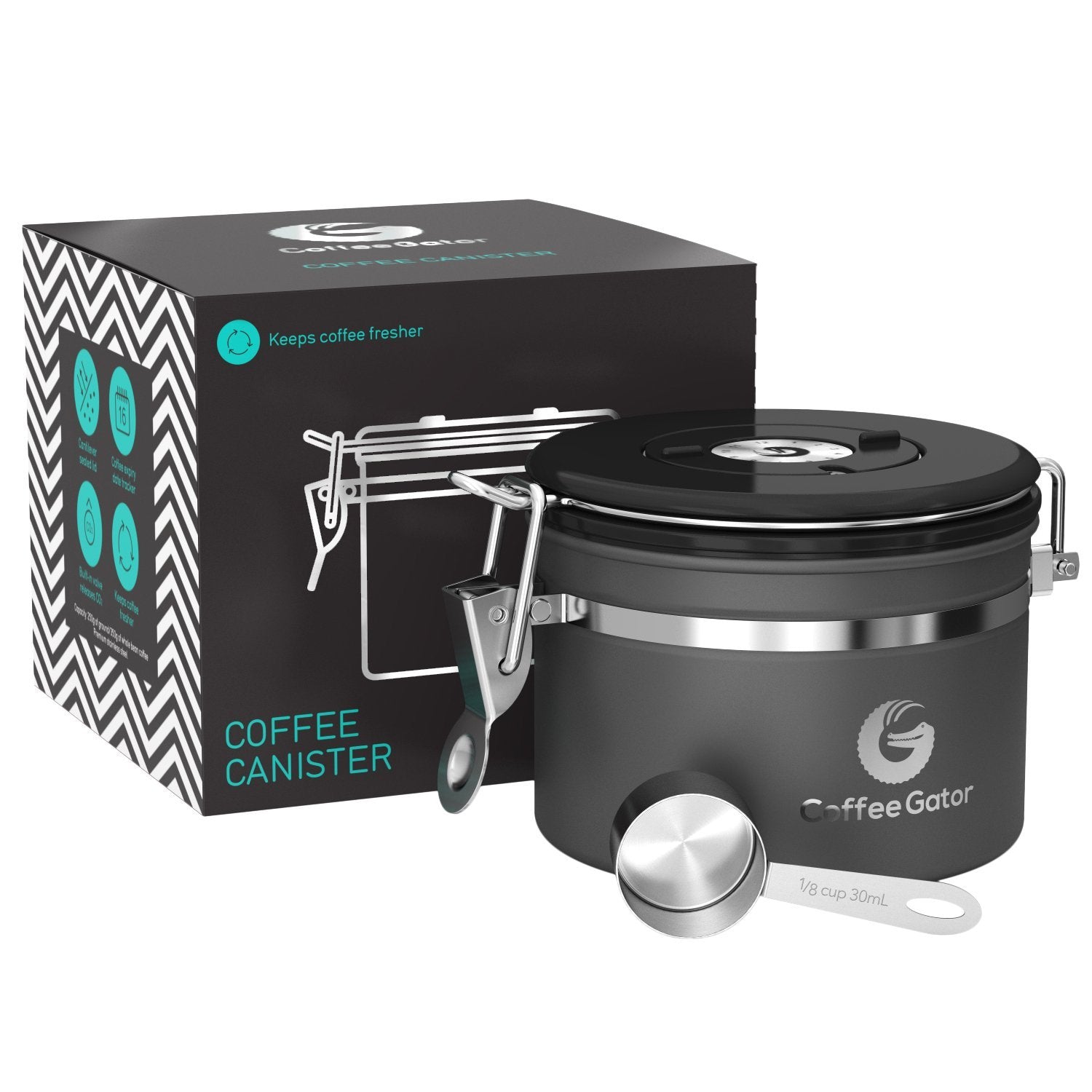 Coffee Gator lata-aire 11oz gris: conserva café y té con cierre hermético.