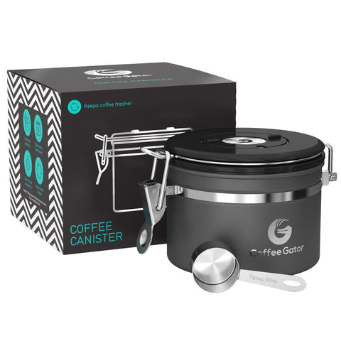 Coffee Gator lata-aire 11oz gris: conserva café y té con cierre hermético.
