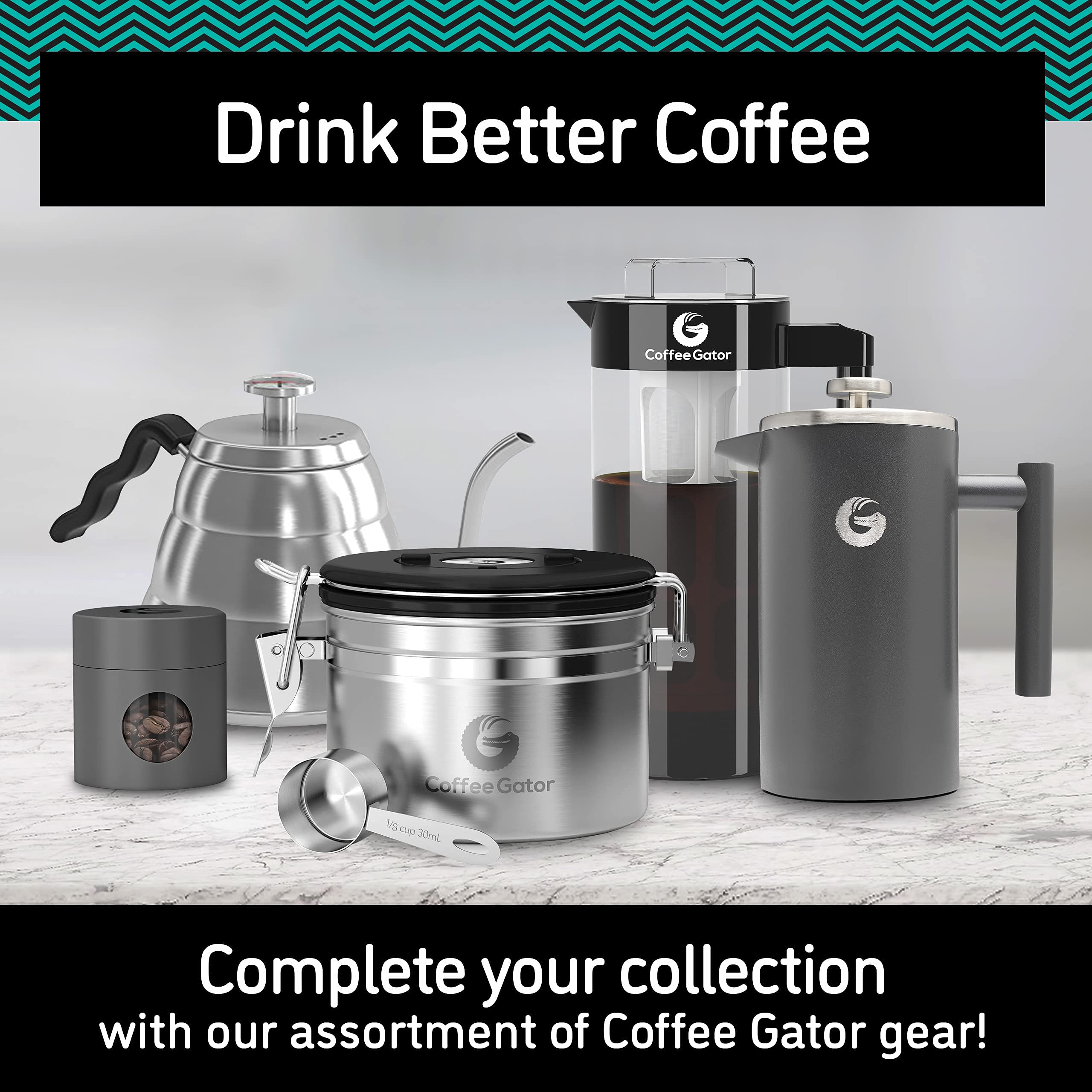 Coffee Gator tarro de viaje incluido para almacenar granos