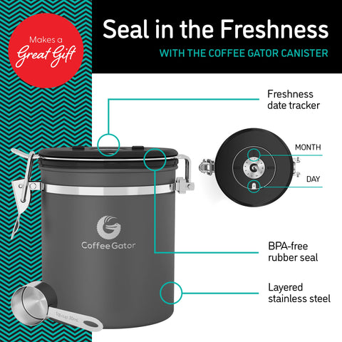 Coffee Gator válvula de frescura libera CO2 para preservar sabor.