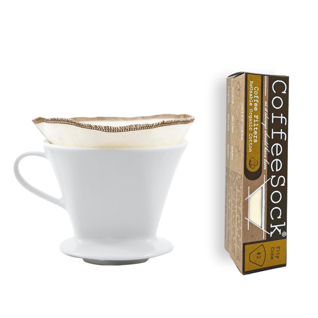CoffeeSock filtro de café orgánico de algodón, dos unidades, cono 2 para sabor limpio.
