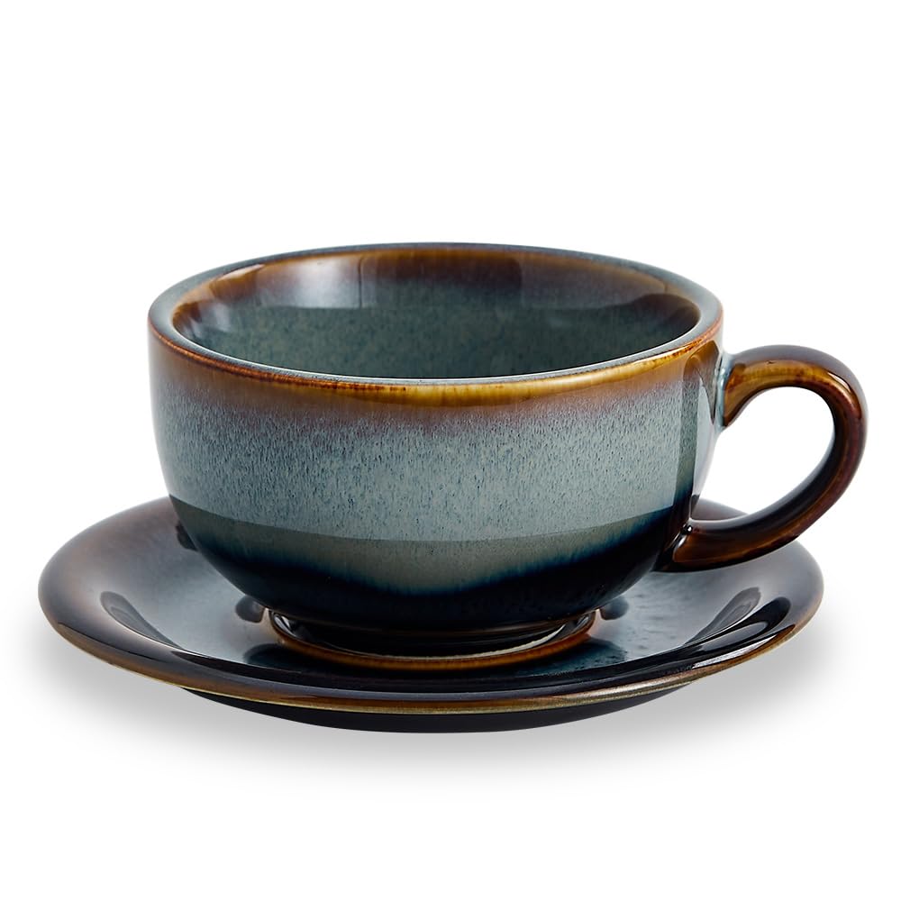 Coffeezone Vintage 12oz con platillo, perfecta para cappuccinos.