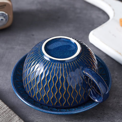 Coffeezone Taza Vintage 12 onzas con diseño en relieve azul para toque artesanal
