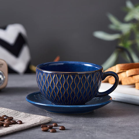 Coffeezone Taza Vintage 12 onzas con plato azul a juego para mesa