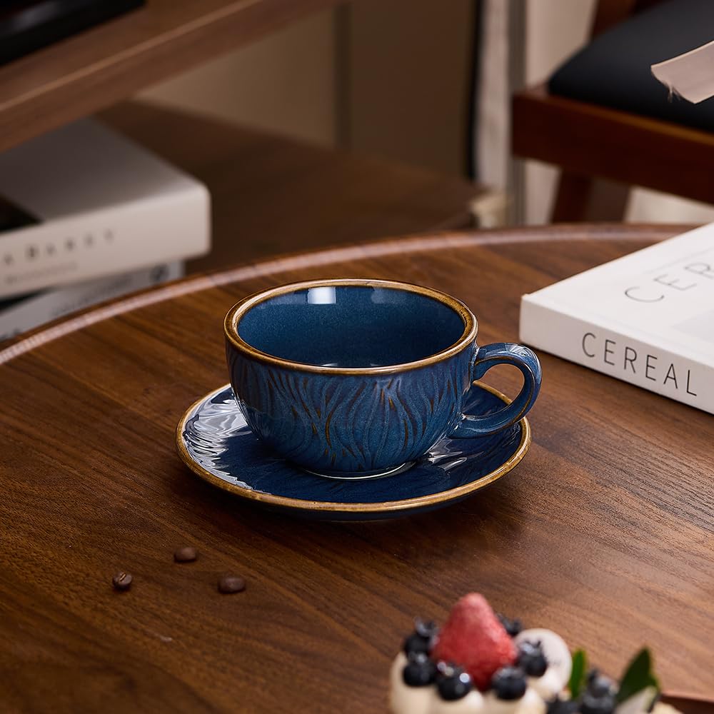 Coffeezone taza cerámica vintage 12oz lateral platillo arte en cappuccino azul ola