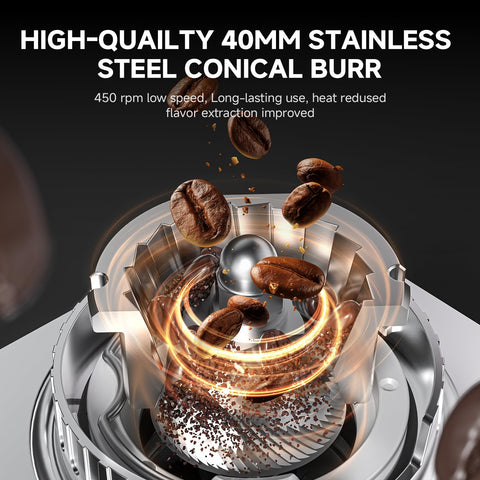 COFIBREWS molinillo cónico de acero inoxidable 40 mm: molienda suave y constante.