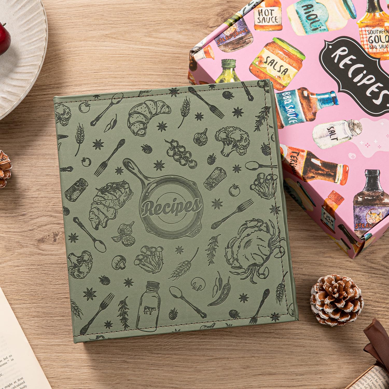 COFICE cubierta-pu-leather-verde, superficie durable y fácil de limpiar para recetas.