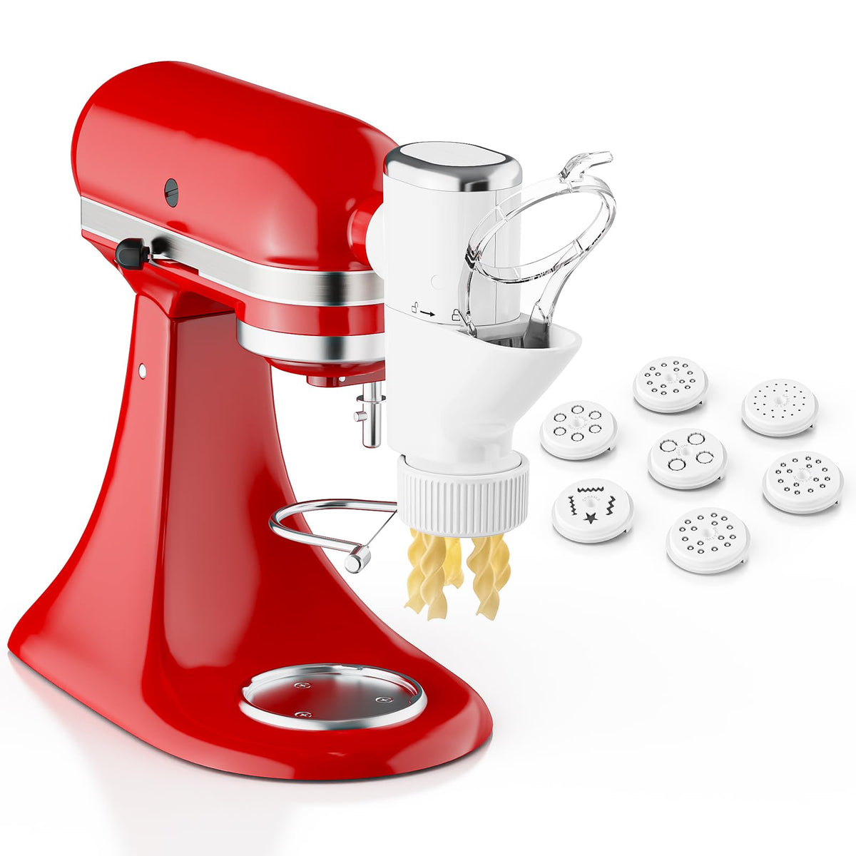 Cofun PastaPress para KitchenAid con 7 placas intercambiables, ideal para pasta fresca en casa.