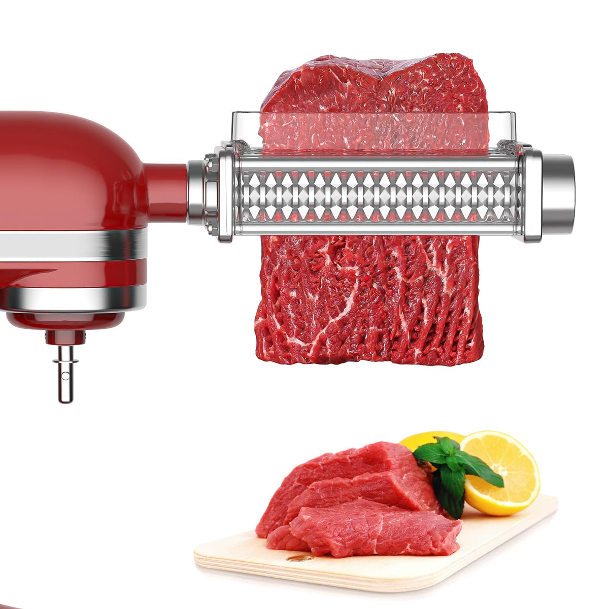 Ablandador de carne Cofun para KitchenAid, enfoque en carne, mejora absorción de especias.