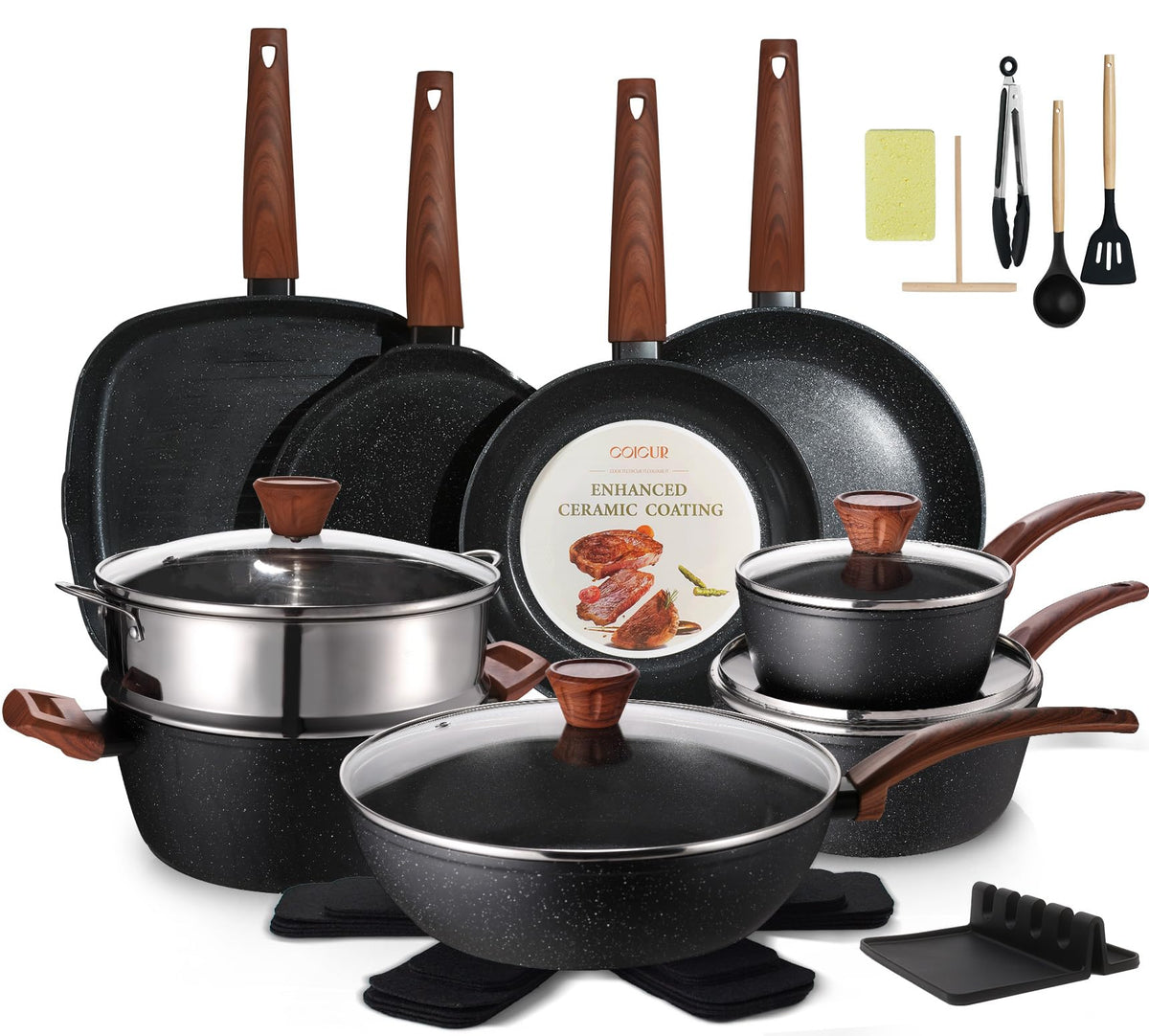 Coicur 26 piezas set cerámico antiadherente para cocinar con menos aceite