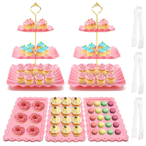 Coitak torre de dulces 3 pisos rosa, presentación elegante para cupcakes.