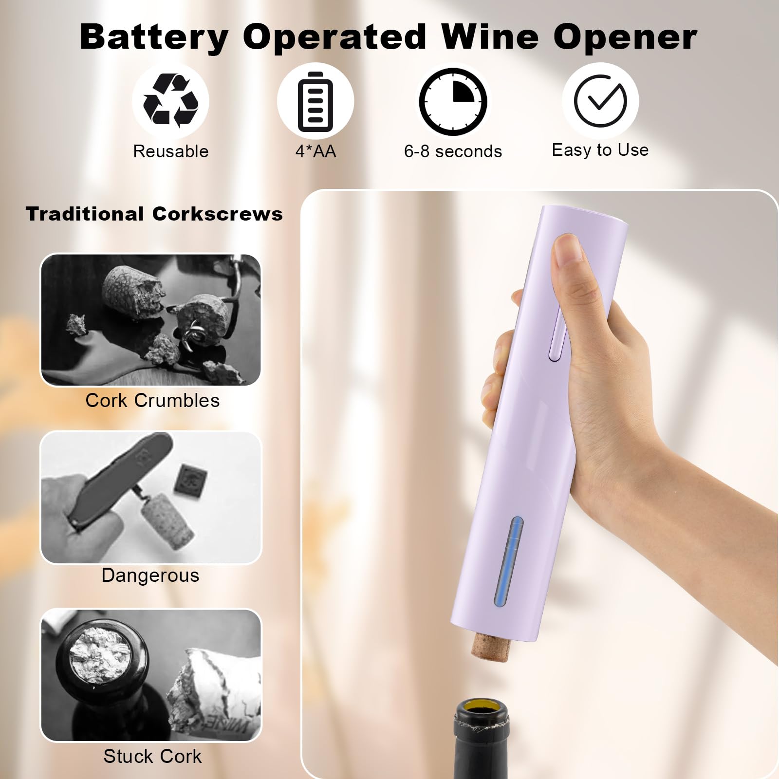 COKUNST abre-vino eléctrico, compatible con botellas estándar para uso diario