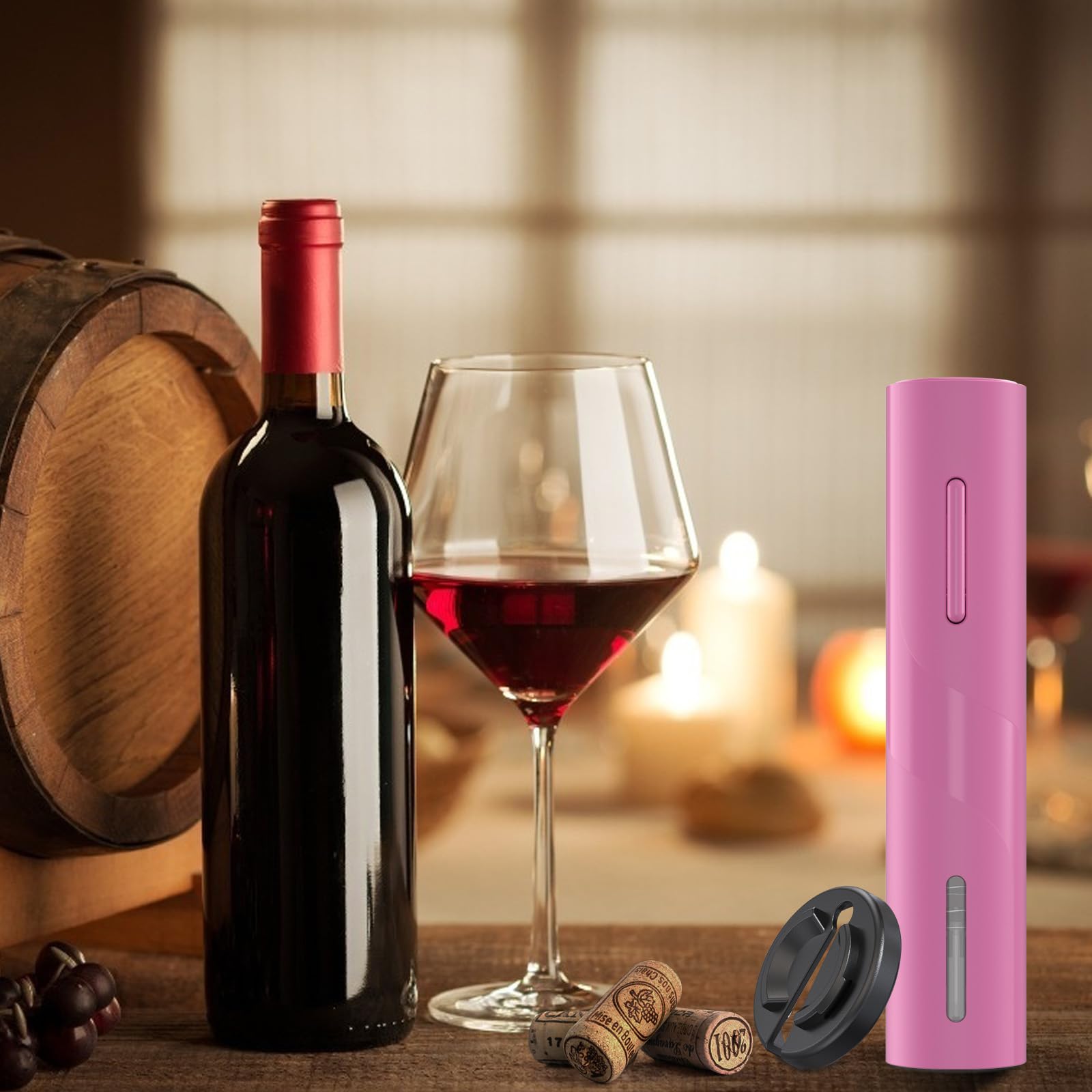 COKUNST abridor vino eléctrico rosa, cortador de aluminio extraíble y seguro