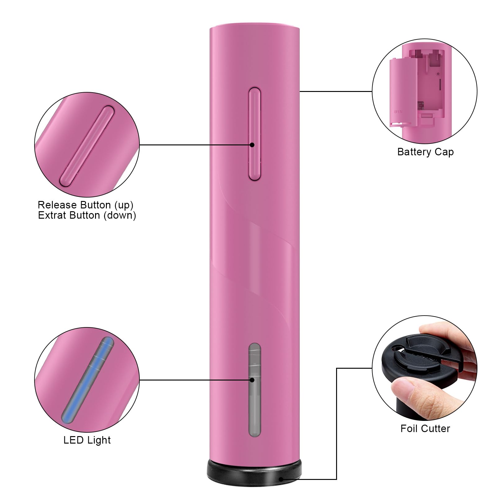 COKUNST abridor vino eléctrico rosa, operación con un solo pulsador para rapidez