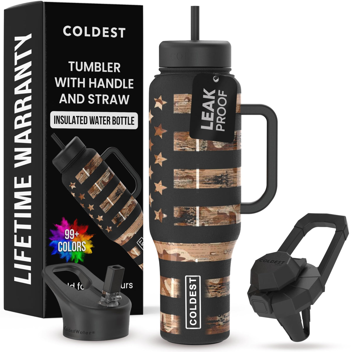 Tumbler The Coldest Water camuflaje bandera 46oz, ideal para viajar sin derrames