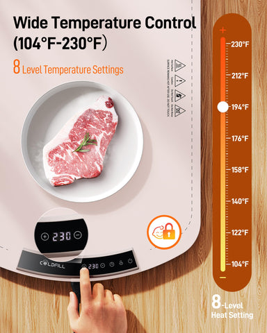 COLDFILL tapete calentador con temporizador de 4 h para mantener comidas calientes.