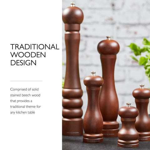 Cole & Mason Forest Capstan, madera de haya en primer plano, diseño clásico.