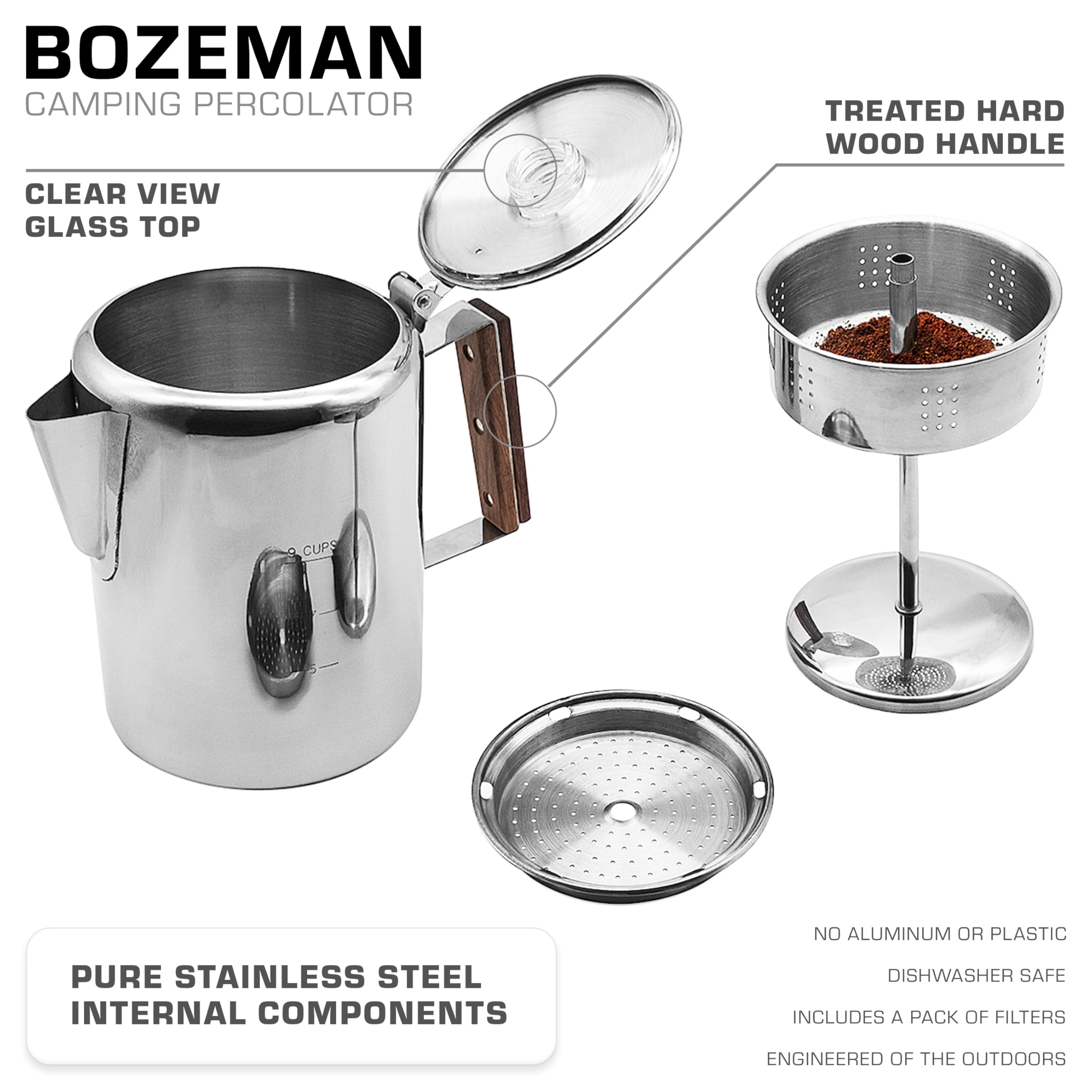 COLETTI Bozeman Percolator: acabado inoxidable, durabilidad para uso diario y aventuras.