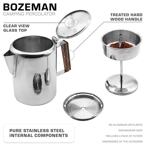 COLETTI Bozeman Percolator: acabado inoxidable, durabilidad para uso diario y aventuras.