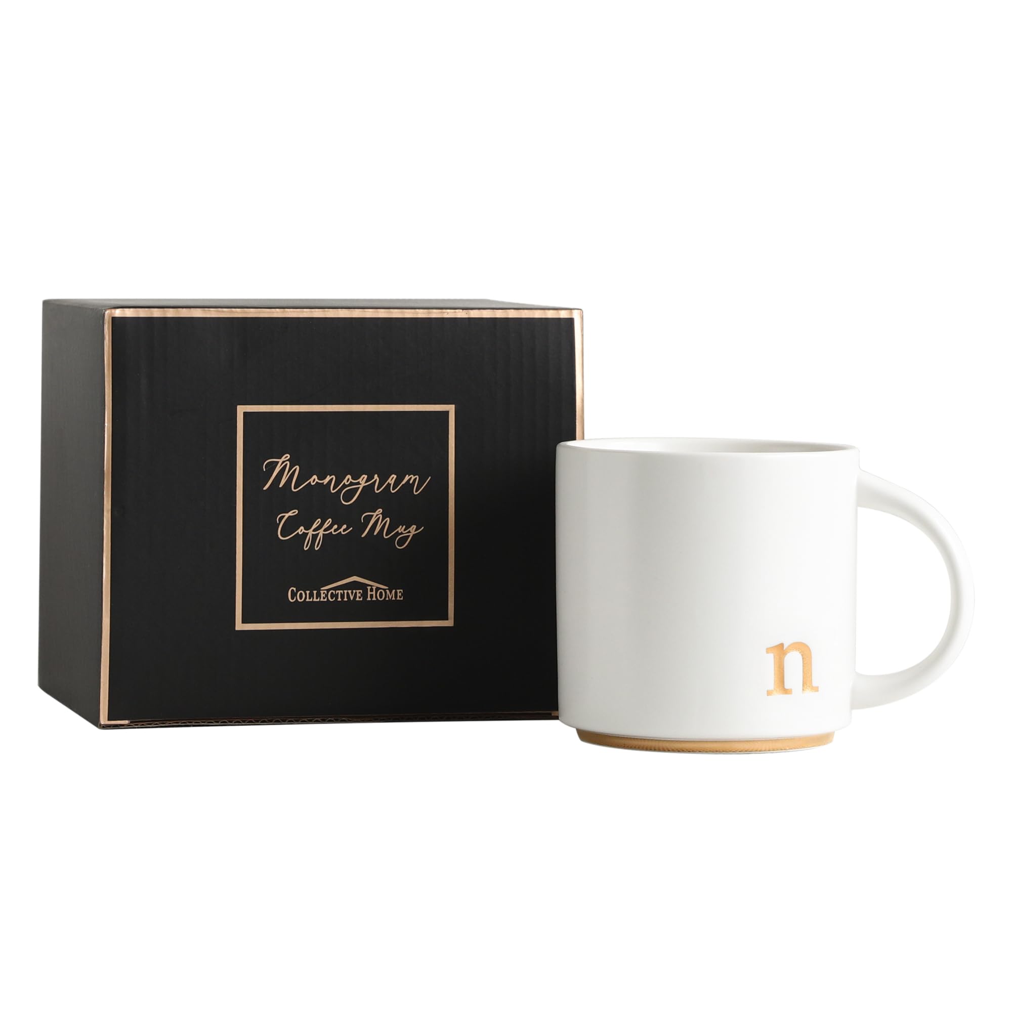 COLLECTIVE HOME: taza cerámica monograma dorado de 15 oz para café elegante