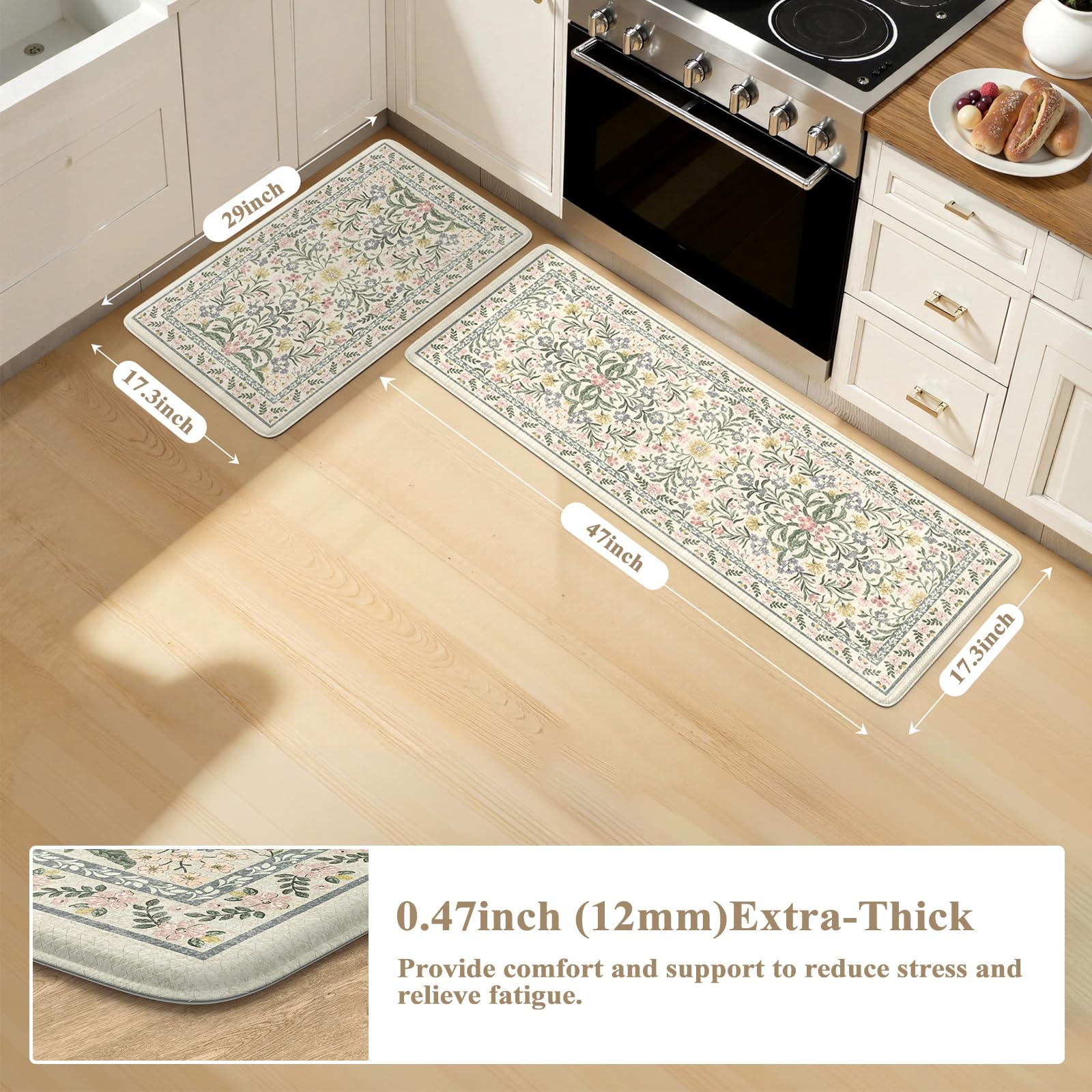 Collive alfombra floral beige para cocina, diseño elegante y antideslizante.