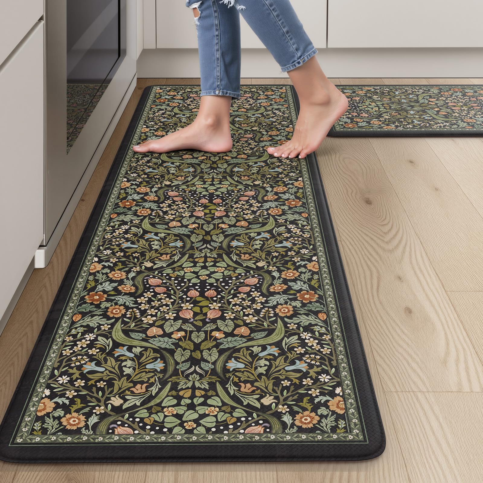 Collive alfombrilla antifatiga cocina con diseño floral bohemio, comodidad prolongada para cocinar.