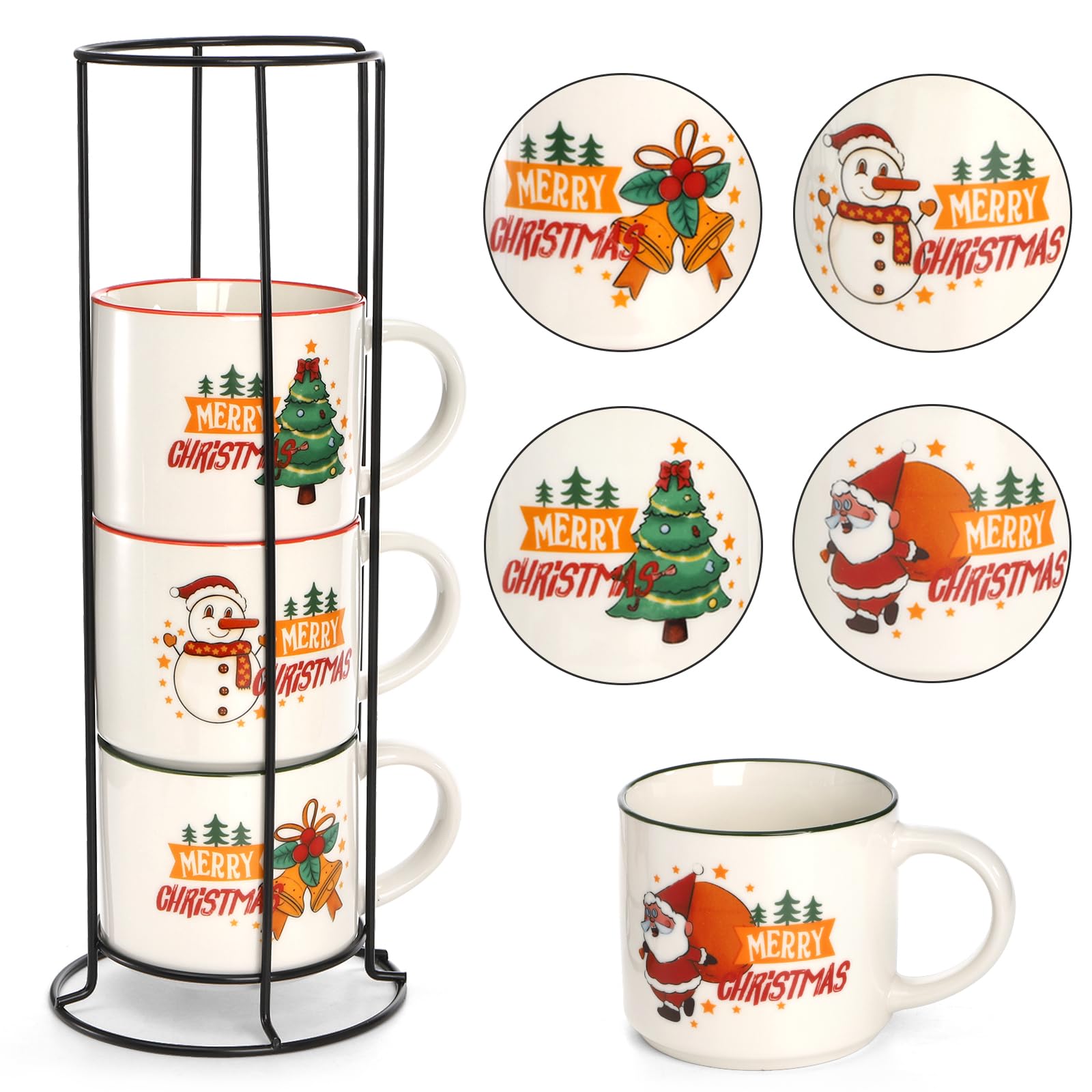Conjunto de tazas Coloch navideñas apilables sobre soporte de metal para ahorrar espacio.