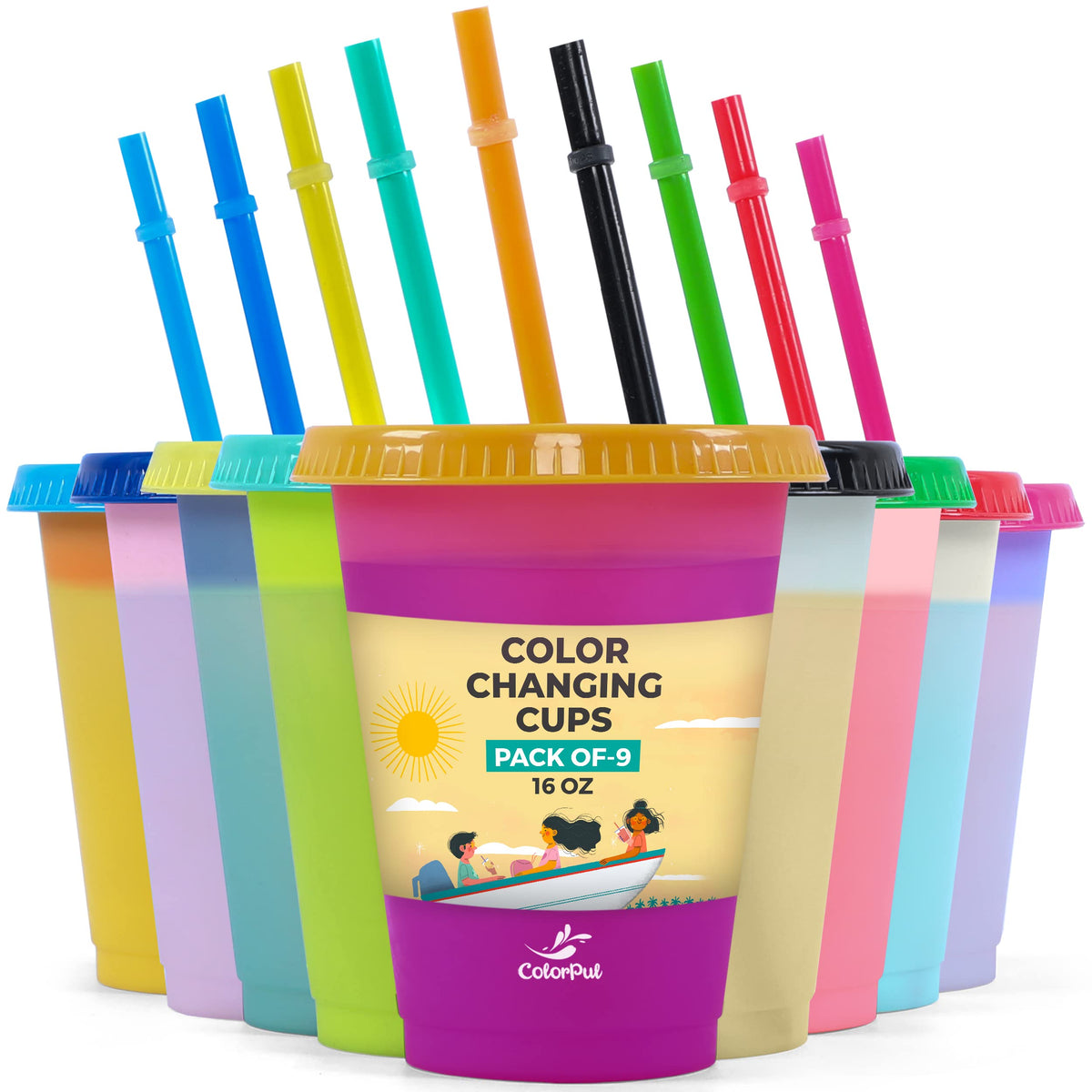 COLORPUL Vasos para niños con tapas y pajillas, cambio de color para bebidas divertidas en casa.