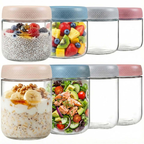 ColoVie 8-pack de envases de vidrio con tapas herméticas para avena nocturna.